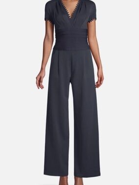 Herve Leger Navy Wide-Leg Jumpsuit with Scallop Trim